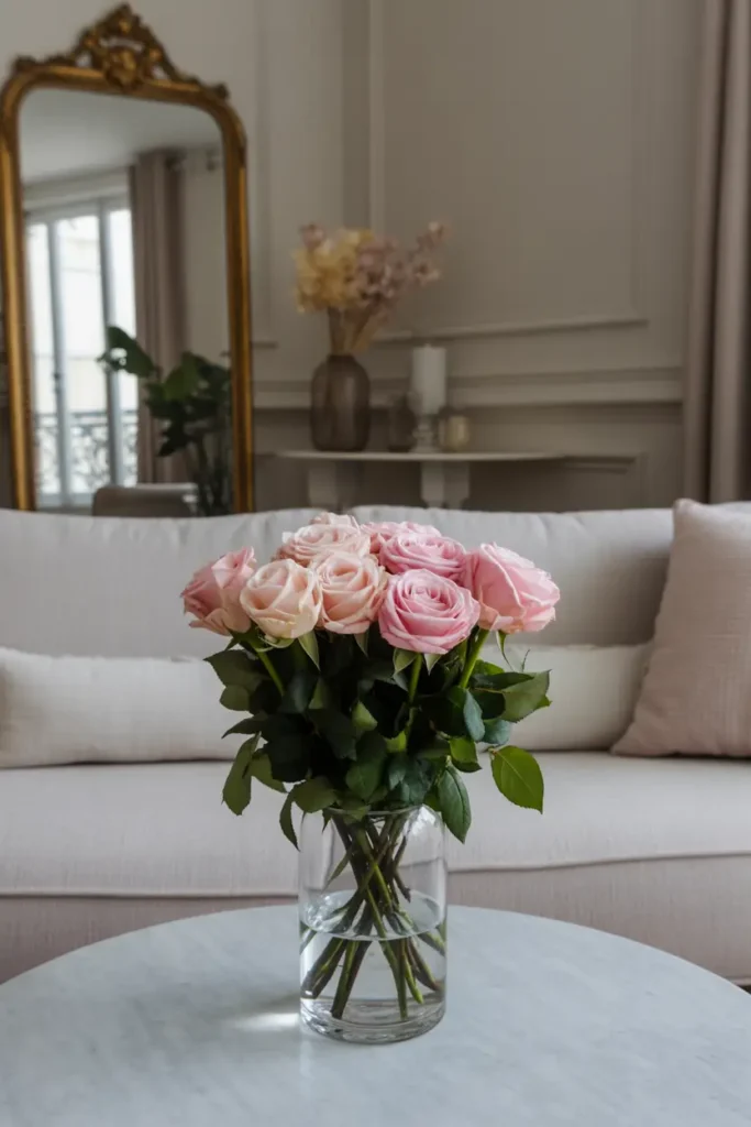 Paris apartment interior with small bouquet of roses on marble table, elegant glass vase, soft neutral living room with linen sofa and gold mirror, natural daylight illuminating flowers, cozy feminine Paris apartment mood, calm stylish interior scene, Pinterest photography style.