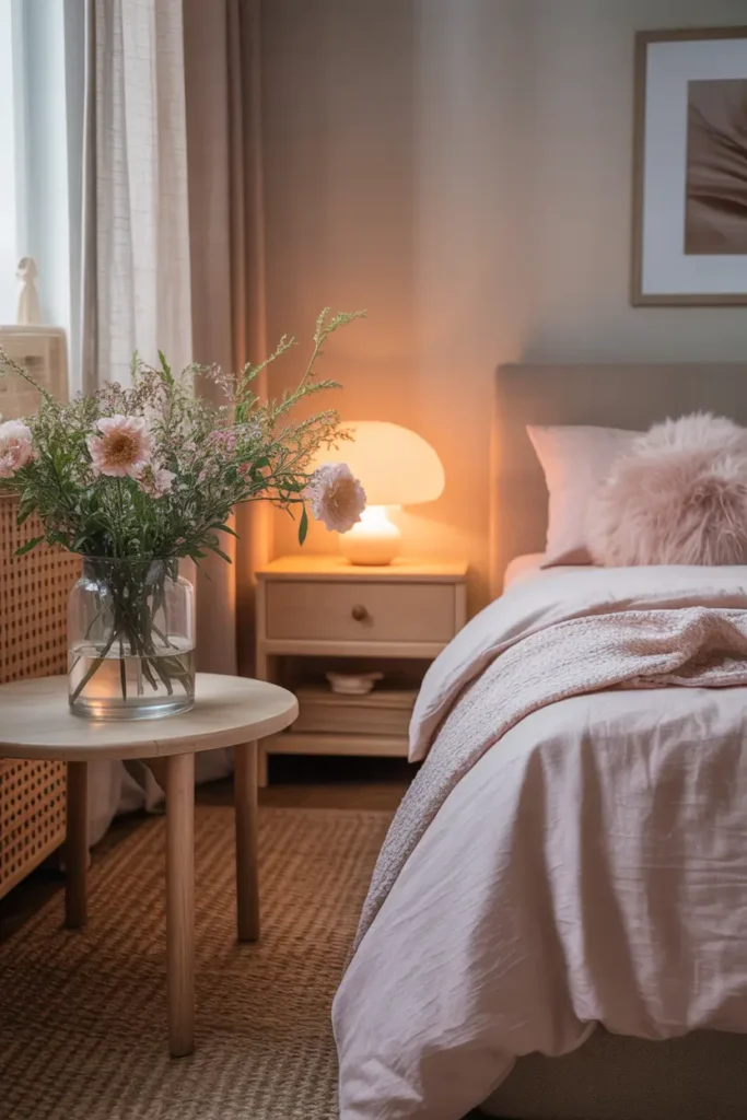 Cozy feminine apartment bedroom with fresh flowers in glass vase on bedside table, soft blush bedding with fluffy pillows, warm bedside lamp glow, neutral textured rug beside bed, natural wood furniture, gentle morning sunlight through sheer curtains, Pinterest aesthetic bedroom photography with romantic feminine styling.