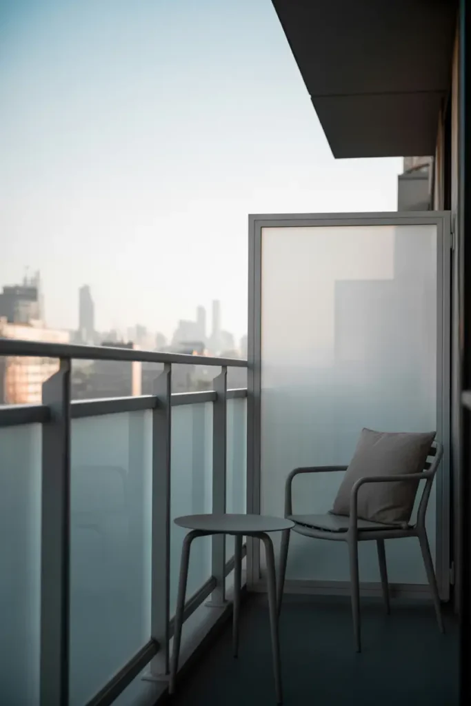 modern apartment balcony featuring frosted acrylic privacy panels attached to railing, soft daylight diffusing through translucent surface, minimalist chair with neutral cushion, small sleek table, clean architectural lines, calm modern atmosphere, urban skyline softly blurred, lifestyle photography composition, cool neutral tones, airy lighting, contemporary balcony retreat aesthetic with peaceful mood.