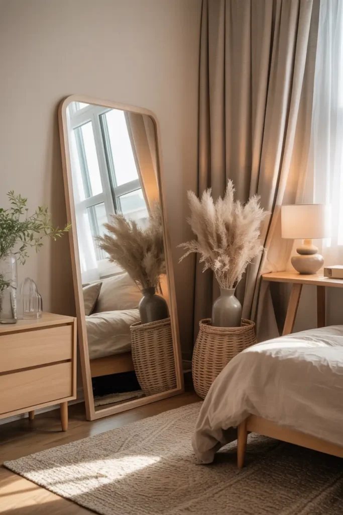 Small apartment bedroom corner with tall full length mirror leaning against wall, soft natural light reflecting through room, neutral rug beneath, linen curtains, cozy bedroom styling with light wood furniture and warm calm atmosphere, Pinterest-style interior photography.