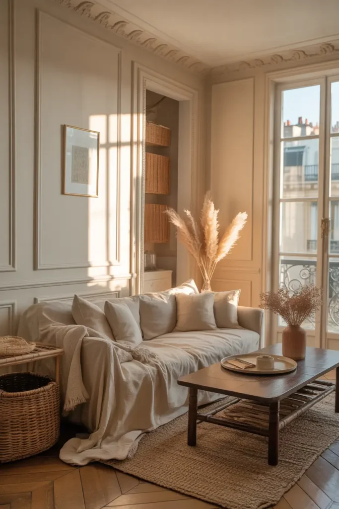 Parisian apartment interior styled with soft neutral tones, cream walls with molding, linen sofa, wooden table, woven textures, warm sunlight glowing through tall windows, cozy feminine interior scene captured in Pinterest photography.