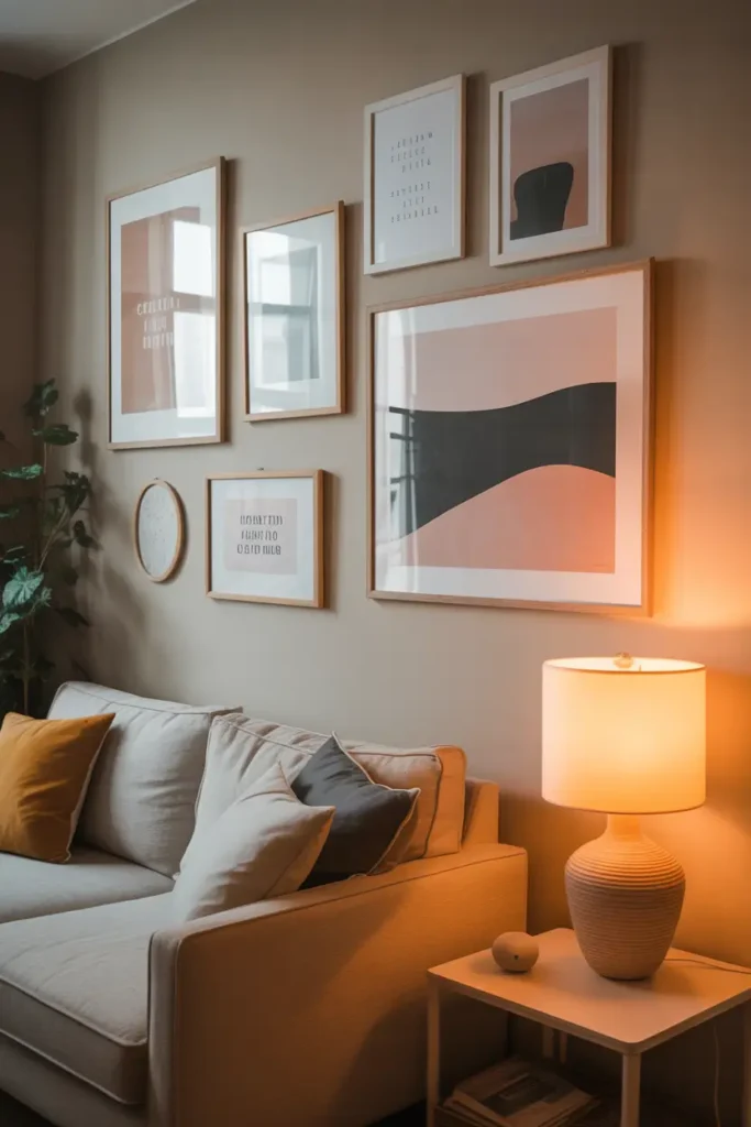 Small apartment wall decorated with simple framed art prints, neutral color palette, second hand frames slightly mismatched, cozy sofa below with pillows, warm lamp glow, relaxed poor apartment aesthetic interior, calm soft lighting, Pinterest style realistic apartment photography with warm textures.