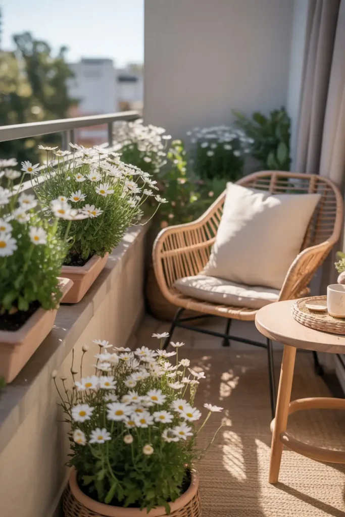 Bright apartment balcony styled with white daisy flowers growing from simple clay planters along railing, cozy rattan chair with cream pillow placed beside small round wooden table, morning sunlight washing softly across balcony floor, delicate white petals glowing in light breeze, natural woven textures and neutral fabrics creating warm relaxing Pinterest inspired balcony scene.