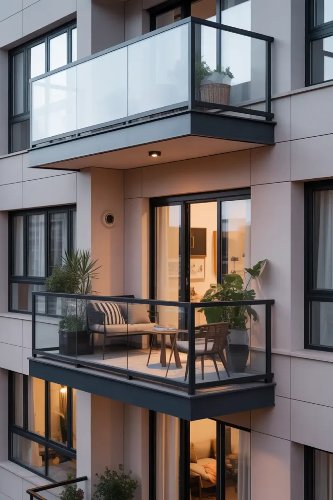 Urban apartment exterior with glass balcony railings, light neutral building walls, black window frames, modern outdoor balcony furniture with plants, soft evening lighting from interior windows, sleek modern architecture, clean city living aesthetic, realistic Pinterest style architectural photography with warm lighting and reflections.