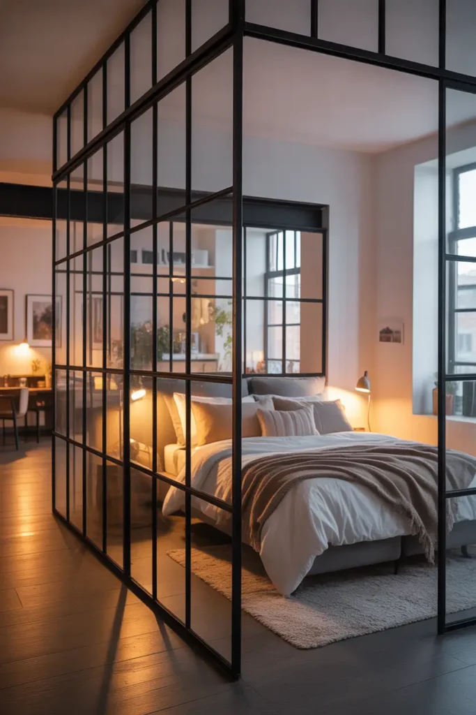 Industrial loft apartment bedroom corner separated by clear glass partition, black metal frame, cozy bed with layered neutral bedding, soft rug, warm bedside lamp, open loft living area visible in background, tall windows, Pinterest style interior photography with warm natural light.