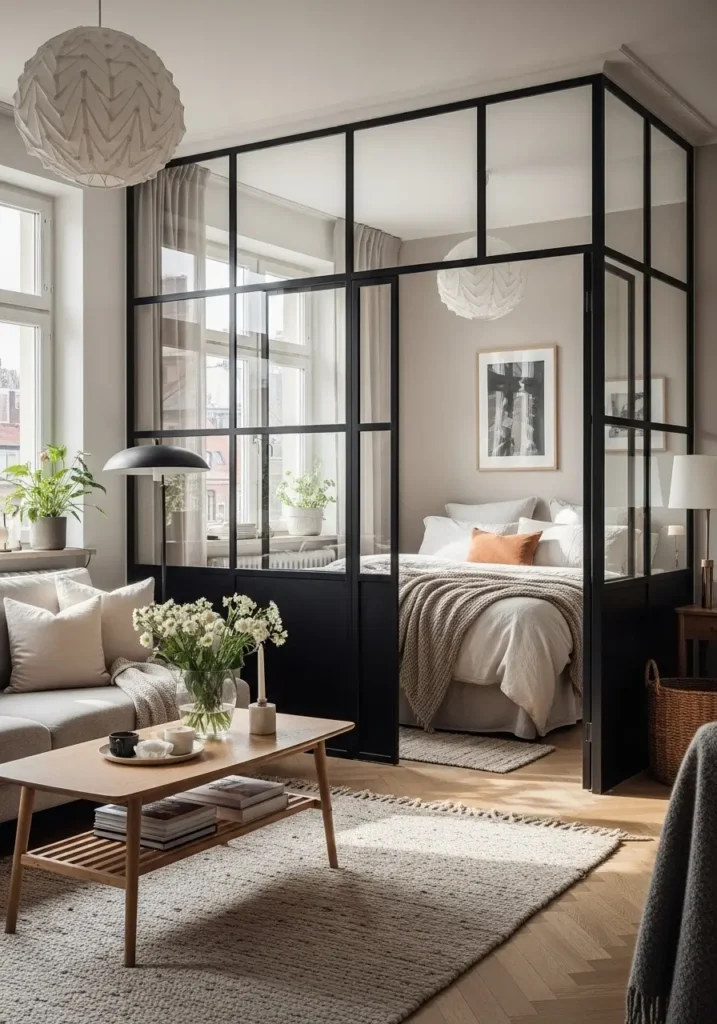 Bright studio apartment with black framed glass panel divider separating sleeping corner from stylish living space, soft neutral sofa, light oak coffee table, cozy bed with layered linen bedding behind glass partition, warm sunlight streaming through windows, textured rug, modern Pinterest style interior with airy lighting and elegant apartment styling.

