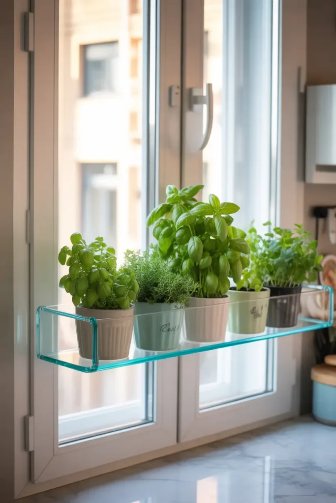 Apartment kitchen window with clear glass shelf mounted inside the frame holding several small herb pots, basil, cilantro, and mint growing in ceramic planters, bright natural sunlight passing through the glass shelf, airy modern kitchen interior, marble counter below, soft neutral colors, Pinterest-style cozy home photography.