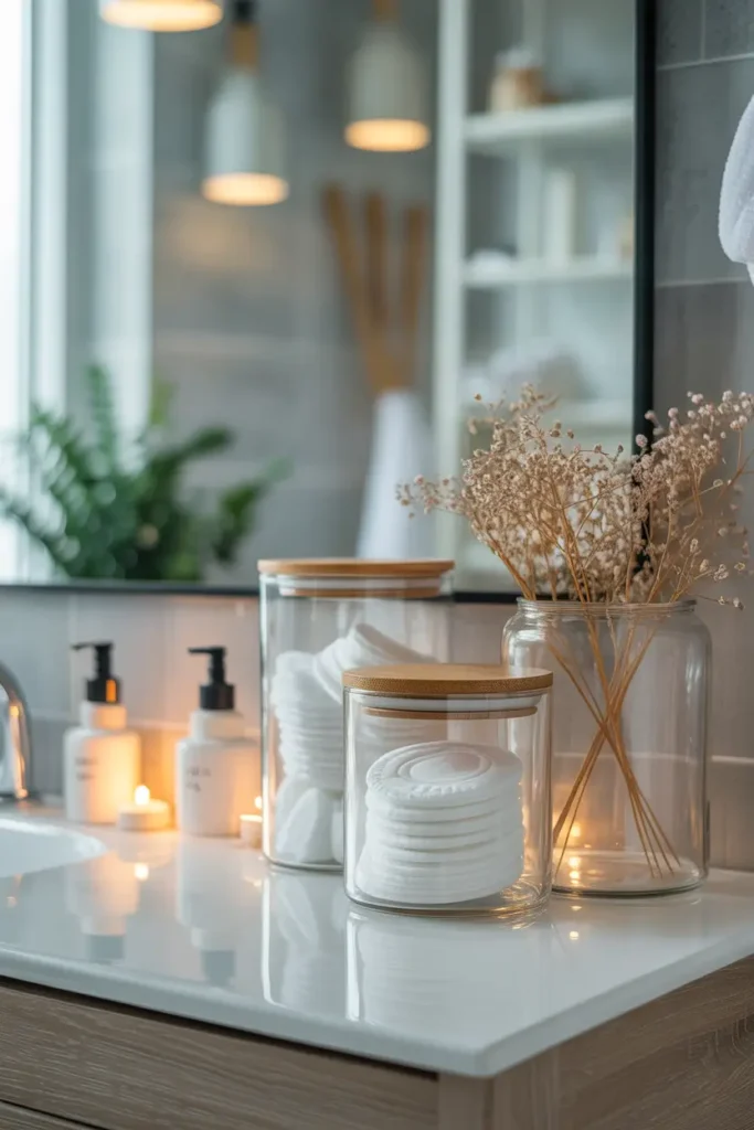 Modern apartment bathroom vanity with clear glass storage jars filled with cotton pads and bath essentials, wooden lid accents, soft daylight illumination, neutral decor palette, minimalist styling, realistic Pinterest interior photography, airy composition with gentle reflections and calm cozy atmosphere.