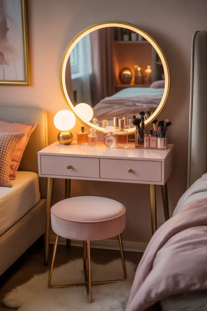 Pretty feminine bedroom vanity setup with round gold framed mirror above small white vanity table, soft pink stool chair, glass perfume bottles, makeup organizer, warm table lamp glow, blush bedding nearby, cozy rug under vanity, apartment bedroom with delicate feminine styling, warm evening lighting, Pinterest aesthetic interior scene with elegant textures and calm romantic mood.
