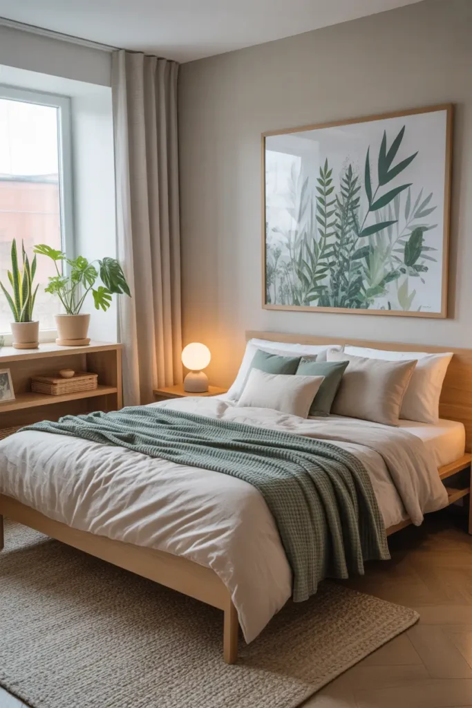 Modern apartment bedroom with neutral bedding and green botanical artwork above bed, light wood furniture, cozy bedside lamp glow, soft rug under bed, indoor plants on shelf, airy curtains and peaceful feminine bedroom styling.