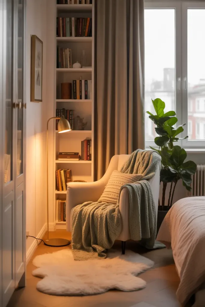 Cozy apartment bedroom reading corner with soft green blanket draped over chair, small bookshelf nearby, warm floor lamp glow, fluffy rug, neutral walls, plant near window and peaceful relaxing feminine bedroom environment.