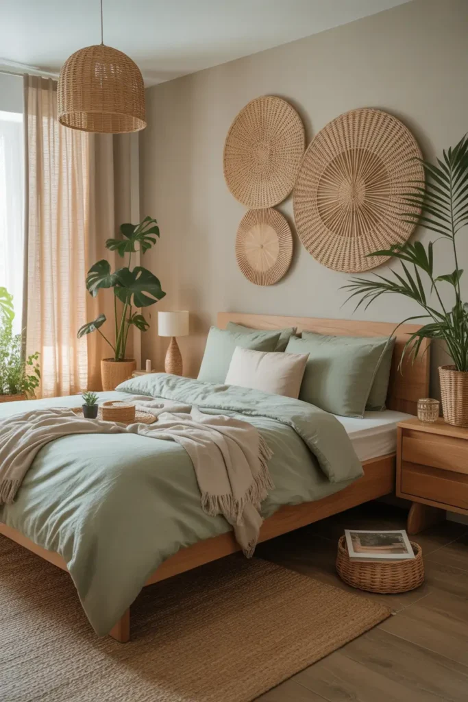 Warm apartment bedroom with soft green bedding paired with natural wood bed frame, wooden nightstands, woven basket decor, linen curtains, indoor plants, cozy rug and gentle daylight creating peaceful Pinterest bedroom aesthetic.