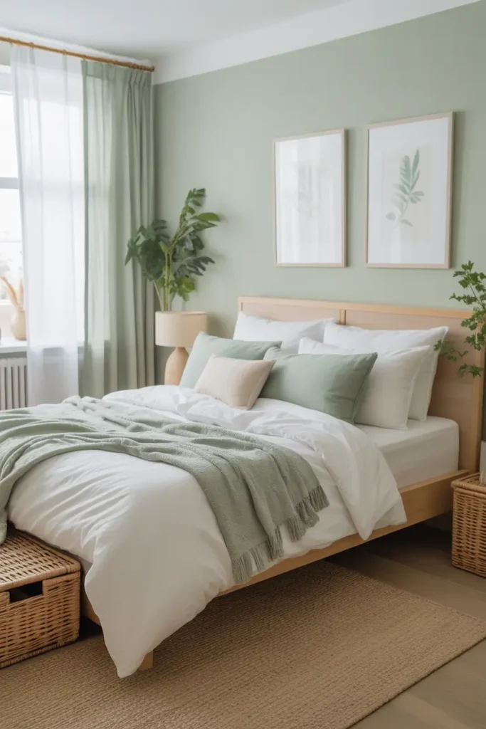 apartment bedroom with soft green and white color palette, white duvet cover, pale green throw pillows, airy curtains, light wood bed frame, minimal decor, woven baskets, natural light filling room, peaceful modern apartment bedroom styling with feminine cozy atmosphere.