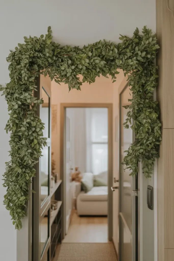 apartment hallway featuring a door decorated with lush faux greenery garland draped across the top frame. Natural soft lighting, neutral corridor walls, cozy apartment aesthetic, realistic leaf textures, gentle shadows, feminine calm styling, warm welcoming atmosphere with modern residential interior details.
