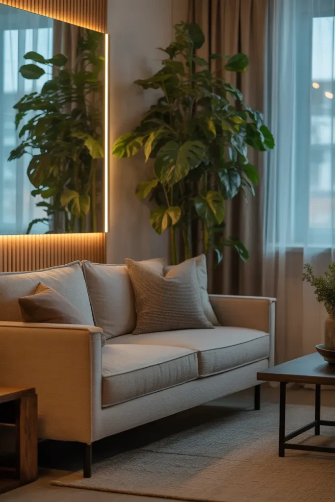 modern bachelor apartment interior featuring tall indoor plant near window, neutral sofa, warm wooden textures, soft natural daylight filtering through sheer curtains, cozy masculine decor styling, realistic interior photography, calm relaxing atmosphere, layered textures with greenery adding freshness, modern urban apartment aesthetic with balanced lighting and inviting mood.