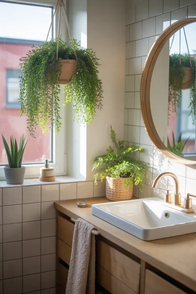 Bright apartment bathroom styled with hanging greenery near window, small potted plant on vanity, natural light pouring in, white tiles and neutral textures, cozy modern decor styling, realistic Pinterest interior photography, fresh airy mood, soft shadows, natural materials creating calm and refreshing environment.