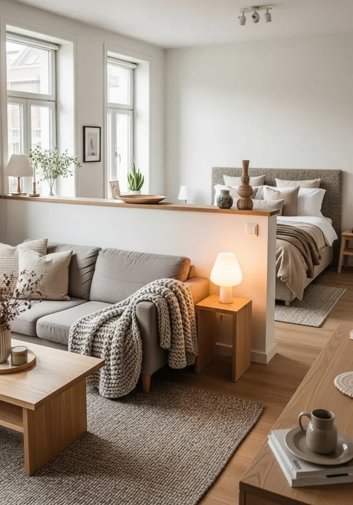 Modern studio apartment featuring low half wall divider separating sleeping area from lounge space, soft neutral sofa with knit throw, light wood furniture, cozy bed with beige bedding behind divider, textured rug, warm table lamp glow, natural daylight from tall windows, Pinterest inspired apartment design with calm tones and balanced layout.

