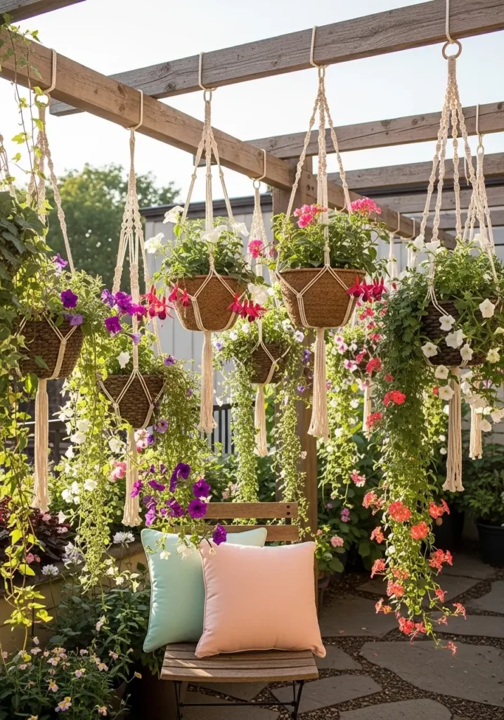 Apartment patio with hanging baskets full of trailing plants and flowers, soft golden afternoon light, macrame hangers attached to wooden beams, cozy bistro chair with pastel cushion below, light breeze moving leaves gently, charming small patio styled like a dreamy Pinterest outdoor nook.