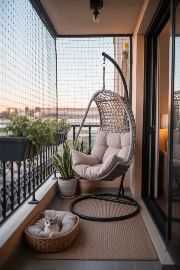 small apartment balcony with full cat proof mesh protection and a compact hanging chair with soft beige cushion, woven outdoor rug, two ceramic planters, cozy cat mat in sunny corner, warm afternoon light, realistic apartment styling, feminine neutral decor, detailed textures, safe pet-friendly balcony scene, airy elegant mood, small-space design, soft shadows, inviting urban home feel, polished Pinterest-worthy photography with calm and cozy atmosphere