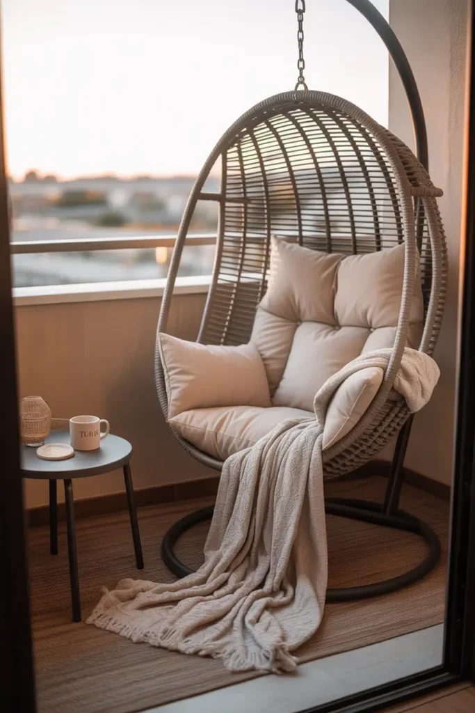 Small apartment balcony styled with a compact hanging egg chair, soft cream seat cushion, light knit throw blanket, tiny round side stool with coffee mug, warm late afternoon sunlight, soft city view in background, neutral colors, woven textures, cozy and feminine balcony styling, realistic Pinterest style interior photography with calm inviting mood and gentle natural lighting