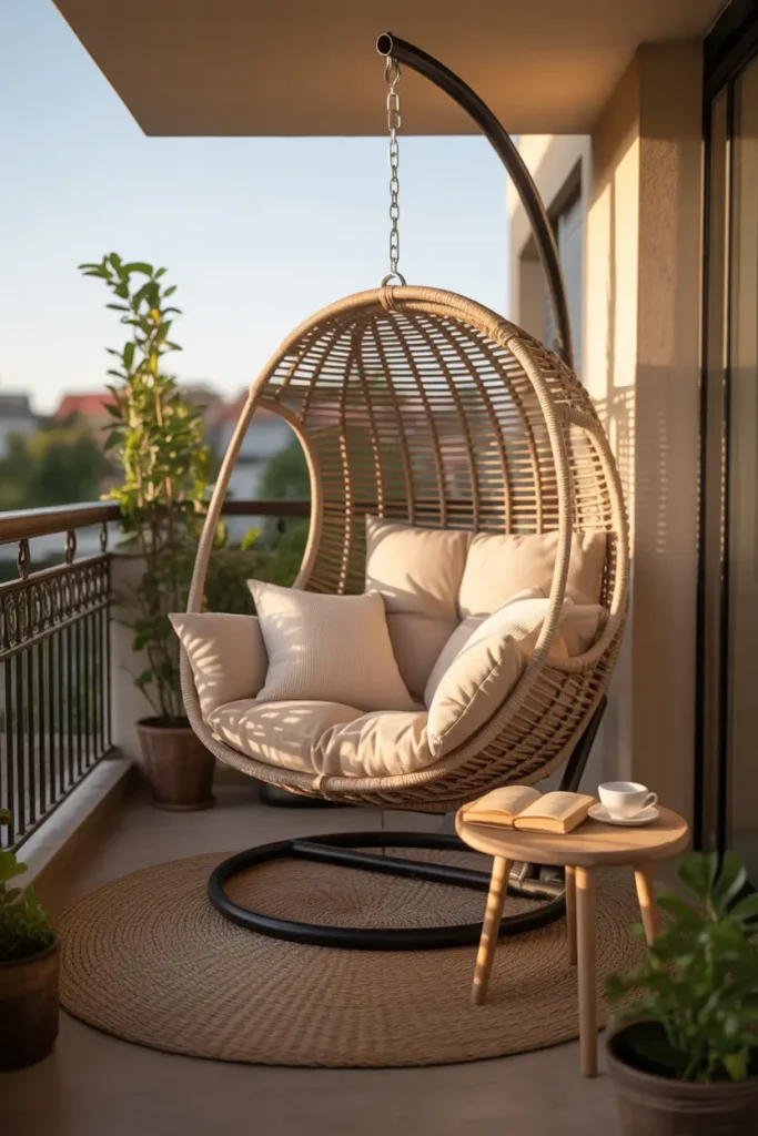 Realistic Pinterest style apartment balcony featuring woven rattan hanging chair suspended from ceiling mount, plush cream cushion and soft pillows inside chair, small wooden side table with book and tea cup, warm afternoon sunlight casting soft shadows, potted plants around edges, calm cozy outdoor relaxation scene.