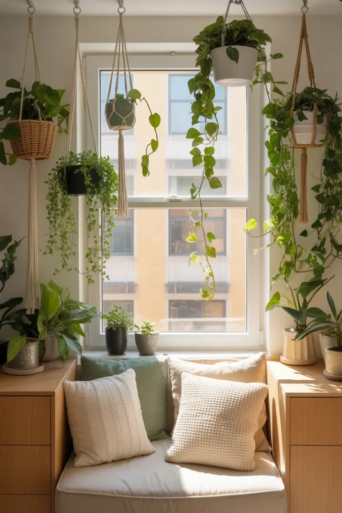 Bright Pinterest-style studio apartment window corner filled with hanging indoor plants in woven and ceramic planters, trailing pothos and ivy falling softly near sunlight window, small neutral sofa below with textured pillows, warm natural daylight illuminating leaves, light wood furniture, cozy feminine decor, airy relaxed apartment mood with greenery bringing freshness into compact living space.