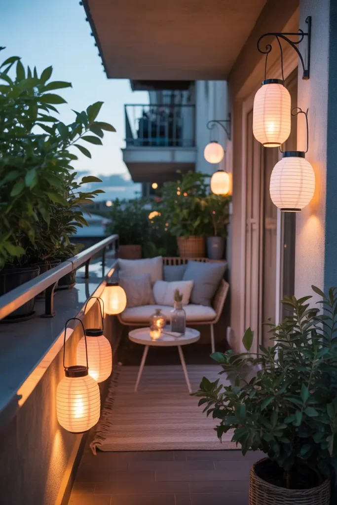Small apartment balcony with decorative hanging lanterns attached to railing and wall hooks, warm glowing lights illuminating cozy seating area with soft cushions, neutral outdoor rug beneath furniture, leafy potted plants surrounding balcony edges, evening sky visible in background, romantic Pinterest style balcony patio scene with soft lighting and calm mood.
