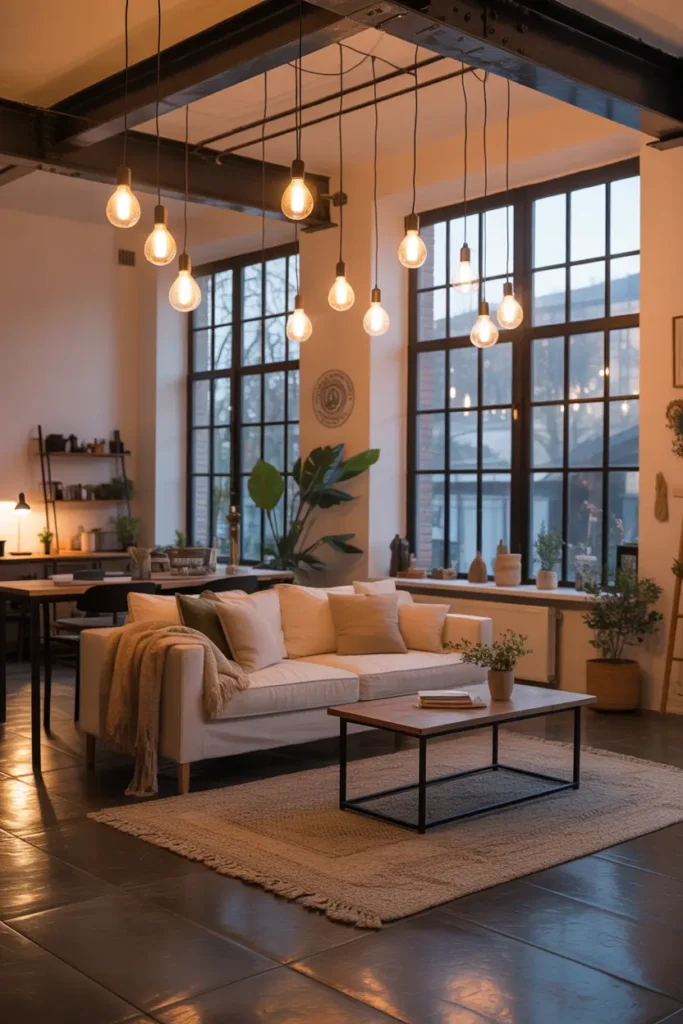 Industrial style loft apartment with hanging pendant lights over living area, warm bulbs glowing softly, exposed ceiling beams, cozy neutral decor, large windows and airy layout, Pinterest style interior photography with evening ambiance.