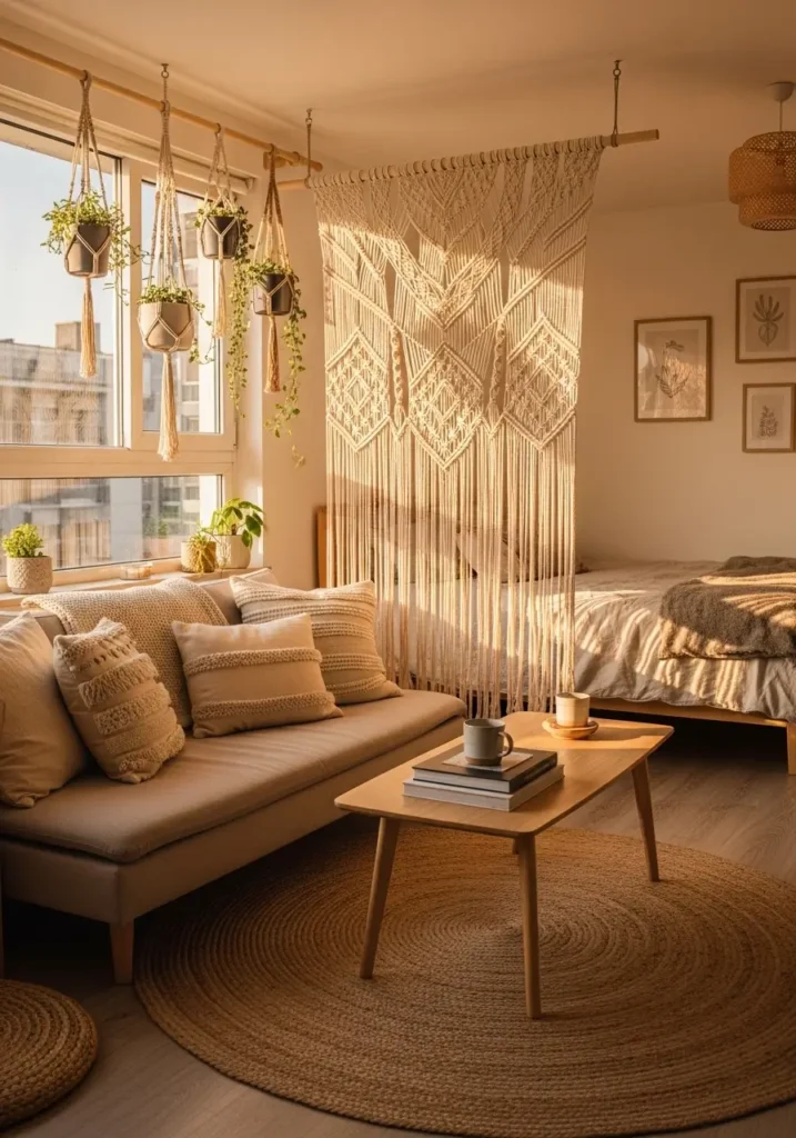 Boho style studio apartment with hanging macrame divider separating sleeping space from living area, soft beige sofa with textured cushions, woven rug, light wood furniture, warm golden sunlight, hanging plants, neutral bedding behind macrame curtain, cozy Pinterest apartment aesthetic with soft bohemian textures and relaxed atmosphere.

