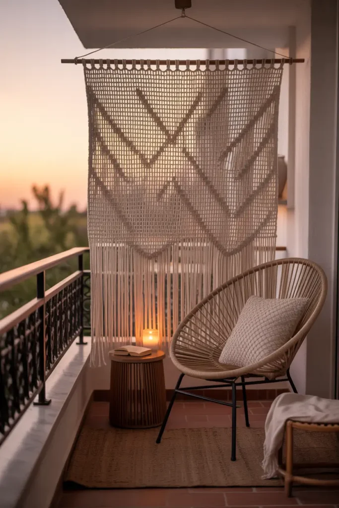 Boho style apartment balcony with large hanging macrame wall attached to railing, woven texture moving slightly in breeze, rattan chair with textured cushion, small wooden stool with candle and book, warm sunset lighting, relaxed bohemian Pinterest balcony scene with calm cozy atmosphere.