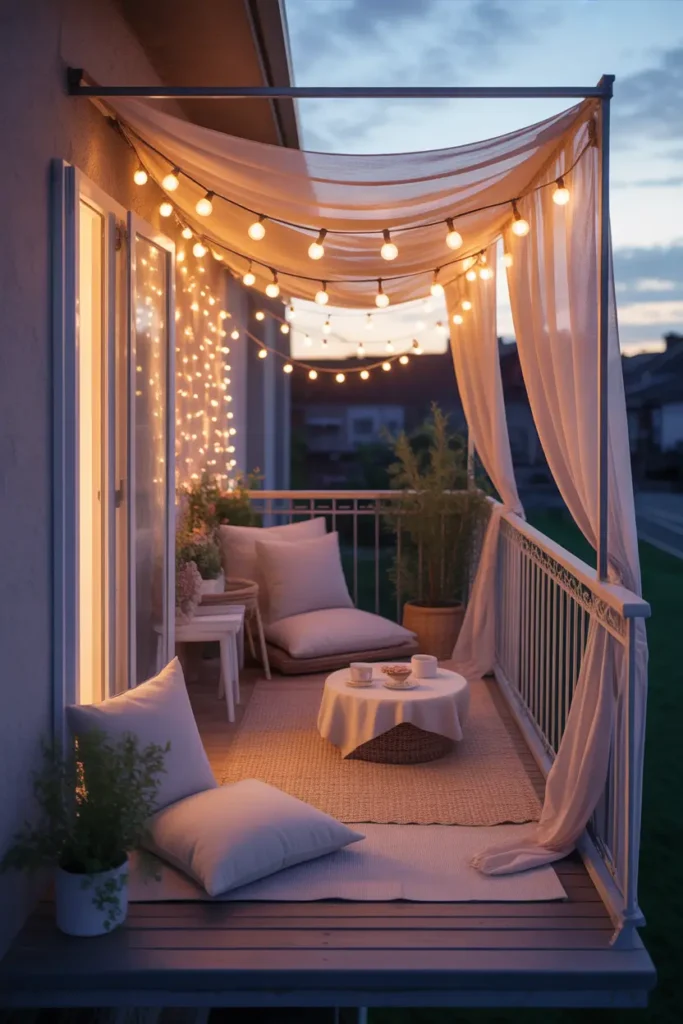 apartment balcony with flowing outdoor drapes in soft beige, warm string lights woven across curtain rod and railing, cozy floor cushion seating, tiny round table with tea cup, light rug, potted plants, dusky evening sky, soft glowing light, romantic feminine styling, layered fabric textures, intimate private balcony scene, realistic shadows, charming apartment home atmosphere with cozy lighting and beautiful lived-in detail