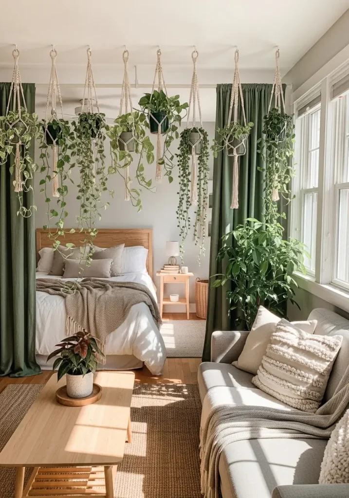 Bright studio apartment with hanging plants forming divider between sleeping corner and lounge area, macrame plant hangers with trailing greenery, neutral sofa, light wood furniture, cozy bed with soft beige bedding behind plant curtain, warm sunlight streaming through windows, Pinterest style interior filled with greenery and relaxed natural textures.

