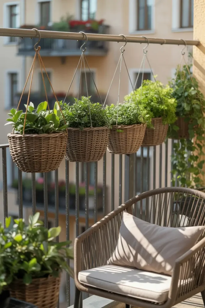 Apartment balcony railing decorated with row of hanging plant baskets filled with trailing greenery, woven baskets hanging from metal hooks, cozy outdoor chair with soft neutral pillow, warm afternoon sunlight highlighting green leaves, relaxed Pinterest balcony scene filled with natural textures and gentle shadows.