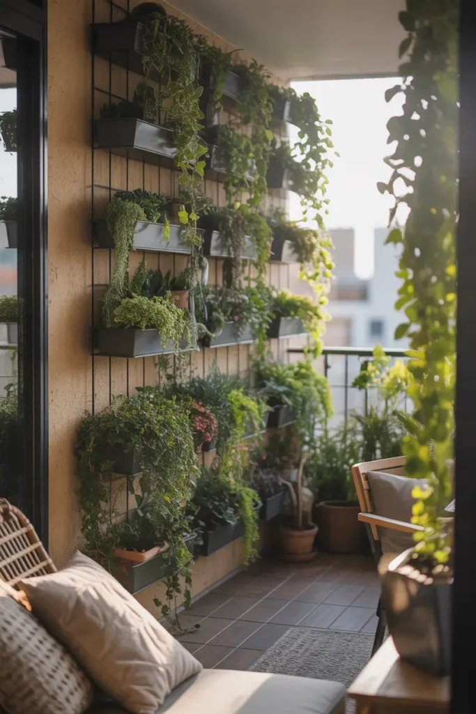 apartment balcony featuring vertical plant shelf privacy screen filled with trailing vines and potted greenery, soft morning sunlight filtering through leaves, cozy seating with textured cushions, wooden flooring tiles, warm natural tones, serene botanical atmosphere, lifestyle photography angle, layered greenery textures, peaceful balcony garden aesthetic, inviting cozy outdoor living mood.