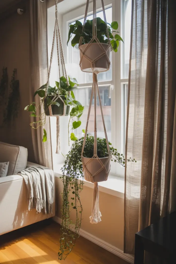 Cozy apartment living room corner with macrame hanging planters suspended near a bright window, trailing pothos and ivy cascading down, warm wooden floor, light linen curtains moving gently in sunlight, neutral sofa nearby with soft throw blanket, airy Pinterest style interior, golden afternoon light, soft shadows, calming indoor plant styling with relaxed apartment vibe.