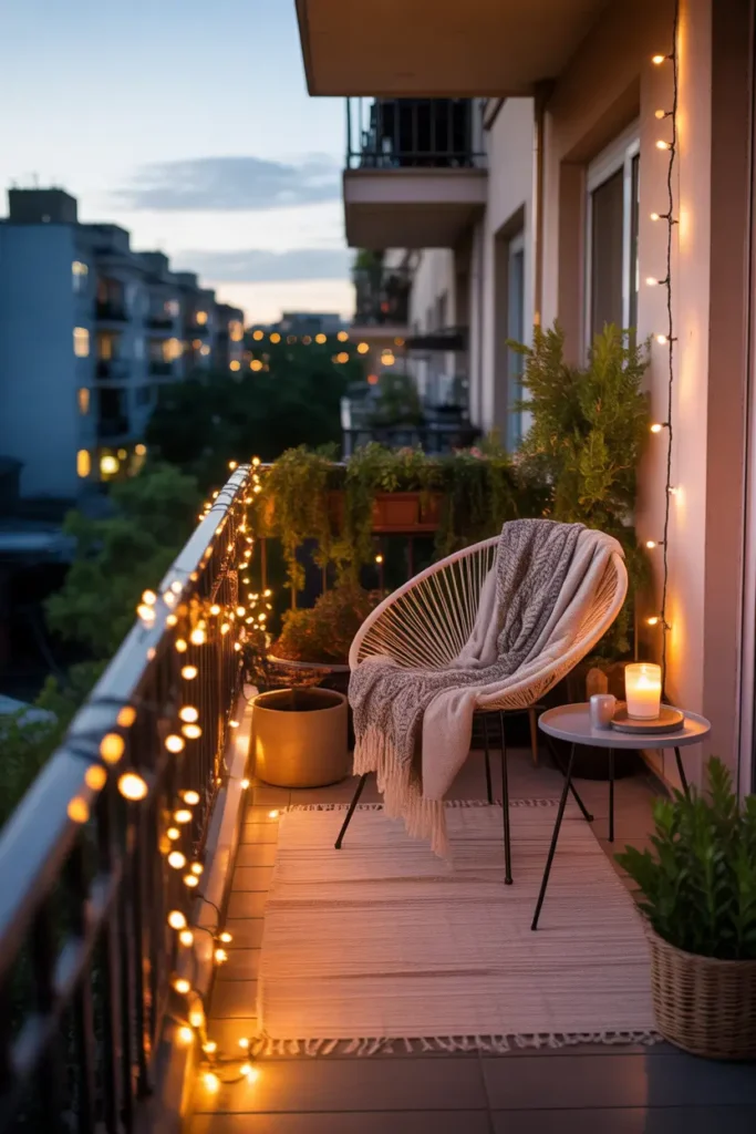 Pinterest-style apartment balcony at dusk with warm hanging string lights draped across railing and wall, cozy woven chair with throw blanket, soft neutral rug underfoot, small side table with candle, potted greenery around balcony edges, city apartment background softly blurred, golden evening lighting creating intimate and relaxing balcony atmosphere.
