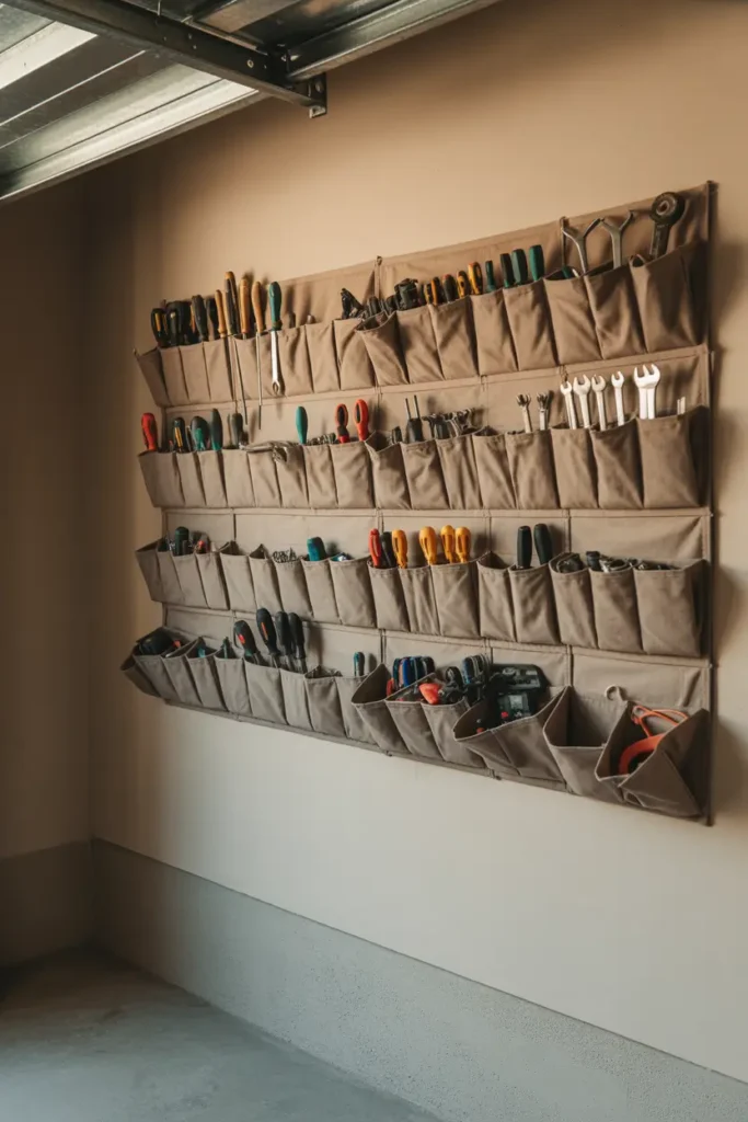 Neatly organized apartment garage wall with hanging fabric tool organizer filled with screwdrivers, wrenches, and small repair tools, warm lighting highlighting textures, clean neutral background wall, tidy concrete floor below, Pinterest inspired garage storage scene with balanced arrangement and cozy workshop feeling.