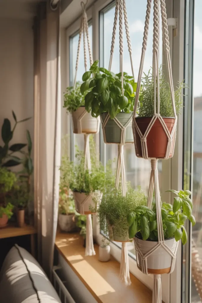 Sunny apartment window with hanging macrame plant holders holding herb pots, basil and oregano growing in small ceramic planters, sunlight glowing through sheer curtains, cozy neutral interior, wooden floor below, soft shadows on wall, bright Pinterest style interior with relaxed boho atmosphere.
