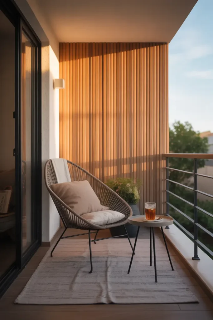 Modern apartment balcony with vertical wooden slat panel hanging beside railing, warm natural wood tones glowing in late afternoon sunlight, cozy outdoor lounge chair with beige throw pillow, small side table with glass of iced tea, soft neutral rug, stylish Pinterest balcony scene with calm minimal design.