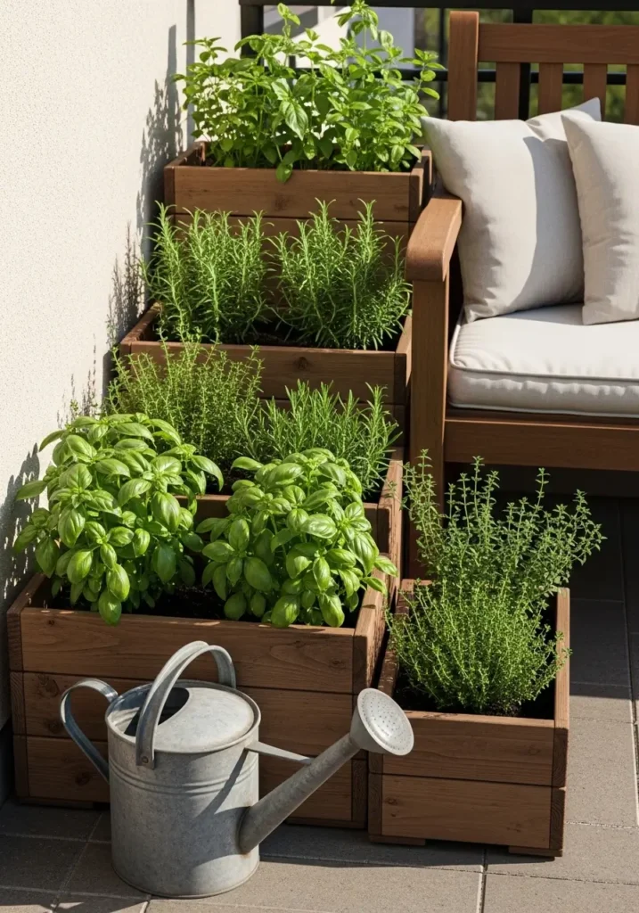 Small apartment patio herb garden with wooden planter boxes filled with basil, rosemary, and thyme, cozy outdoor bench with light linen cushions beside greenery, warm afternoon sunlight, natural wood textures, small watering can placed nearby, calm feminine patio garden scene styled for Pinterest inspiration.