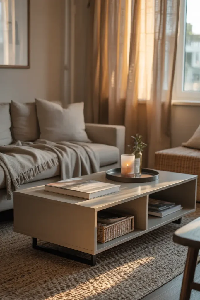 Cozy Pinterest-inspired small apartment living room featuring a modern storage coffee table with hidden compartments, neutral sofa, layered throw blankets, warm sunlight filtering through linen curtains, soft textured rug, minimal decor tray with candle and books, natural wood tones, airy layout with uncluttered styling, realistic interior photography emphasizing calm atmosphere, balanced composition, soft shadows, and welcoming small-space living aesthetic.