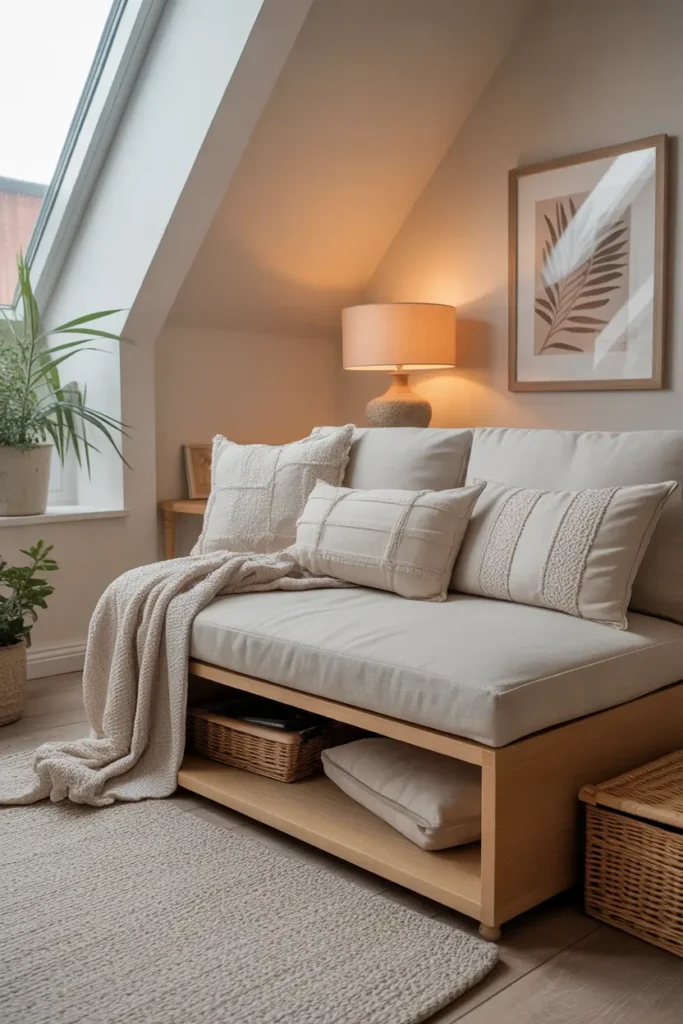 Loft apartment seating bench with hidden storage inside, neutral fabric upholstery, cozy pillows, placed near window with natural light, airy loft layout, Pinterest style interior photography with warm calm tones.