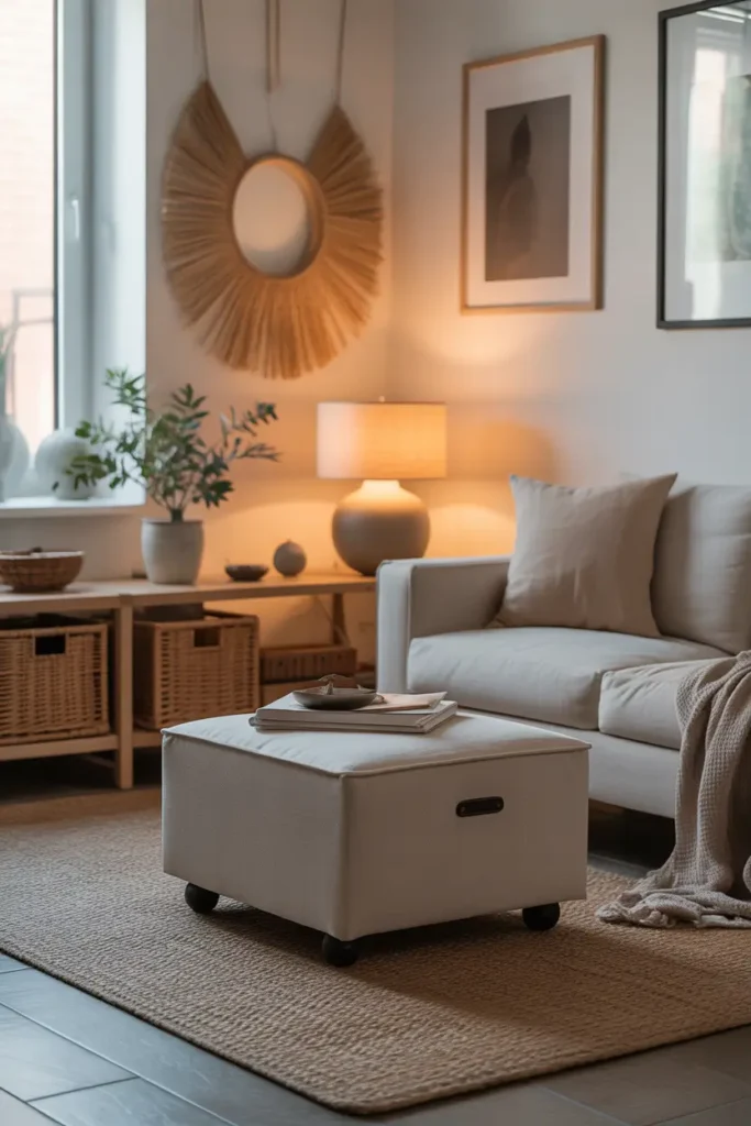 Minimalist apartment living room featuring storage ottoman, woven baskets tucked under console table, neutral sofa, warm natural lighting, Scandinavian modern styling, realistic Pinterest interior photography, cozy textures, uncluttered layout, calm organized atmosphere highlighting hidden storage solutions in small apartment.