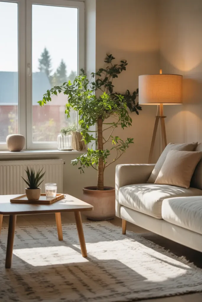 Bright small apartment living room with medium indoor plant in ceramic pot placed near sunny window, soft neutral sofa nearby, light wood coffee table, textured rug, warm natural lighting, Pinterest-style cozy apartment decor with relaxed calm atmosphere.