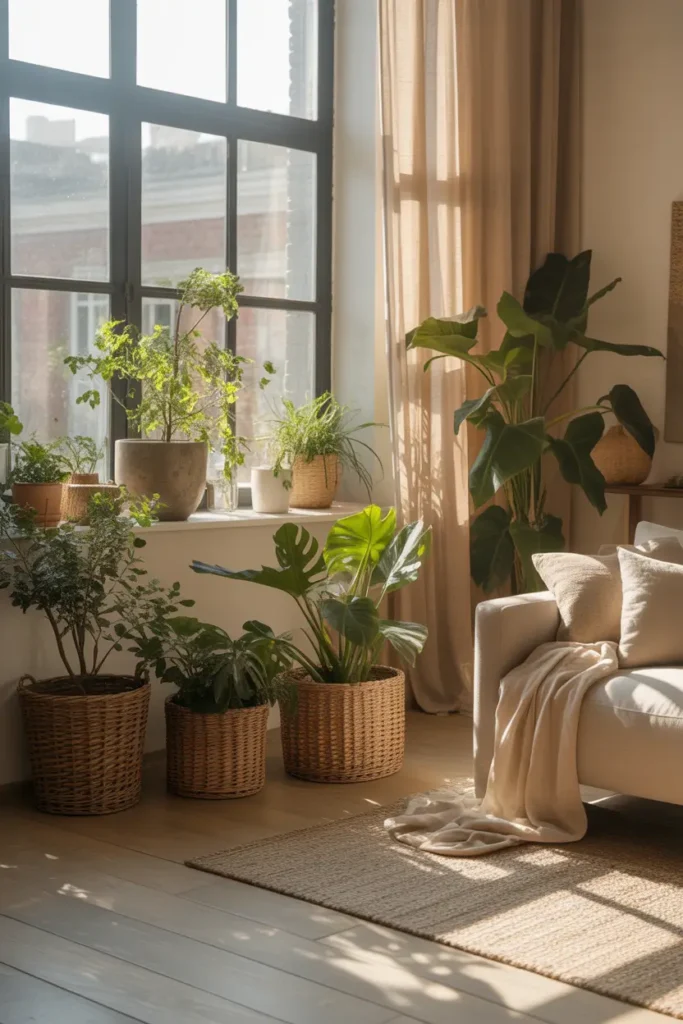 Sunlit loft apartment corner with indoor plants near large windows, soft linen curtains, cozy neutral sofa, pale wood floors, woven baskets holding plants, warm sunlight casting soft shadows, Pinterest style interior photography with fresh natural feeling.
