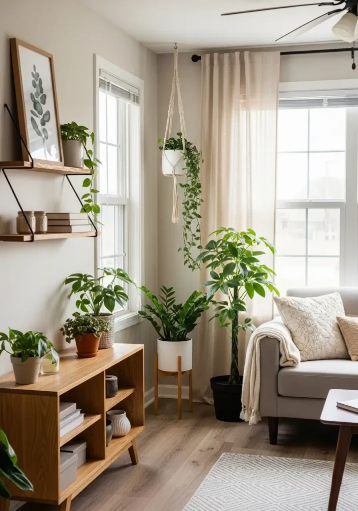 Earthy apartment living space filled with indoor plants, warm wood furniture, beige sofa with textured cushions, clay pots on wooden shelves, sunlight streaming through window, leafy green plants creating natural calm atmosphere, cozy neutral decor with organic textures, Pinterest aesthetic apartment interior.