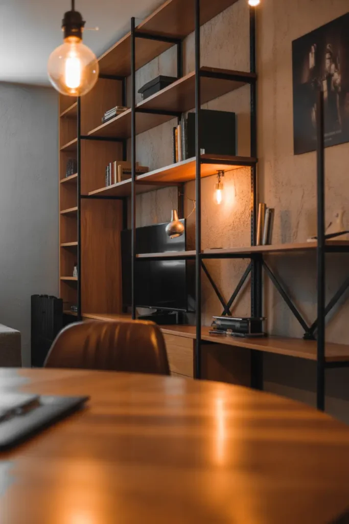 industrial apartment interior featuring black metal shelving, warm oak wood furniture, exposed bulb pendant lighting, leather chair, textured concrete wall appearance, cozy warm lighting, modern masculine decor styling, minimal clutter, realistic urban loft feeling, soft evening glow reflecting on wooden surfaces, layered textures creating warmth, detailed interior photography composition with cinematic depth and inviting atmosphere.