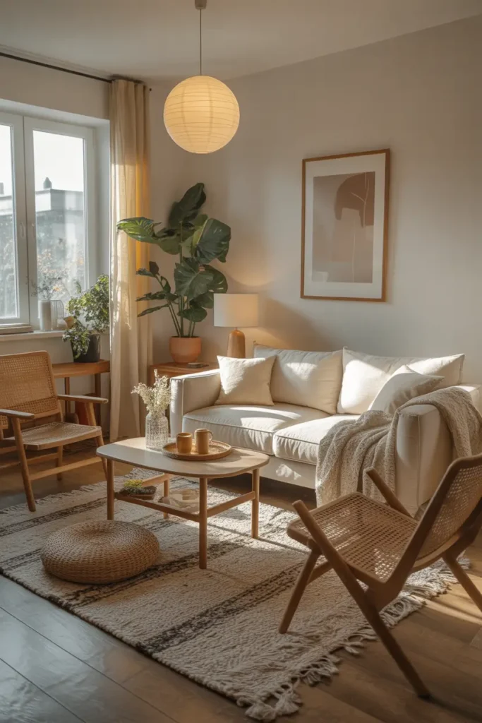 small apartment living room with open breathable layout, neutral furniture spaced thoughtfully, warm natural lighting, cozy textures, minimalist decor styling, realistic interior photography emphasizing airy composition and peaceful home atmosphere.