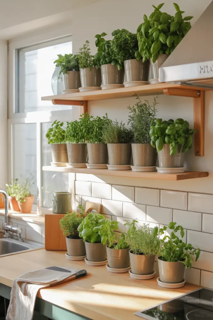 Modern apartment kitchen with open wooden shelves holding rows of small herb pots, bright natural light from nearby window, white subway tile backsplash, neutral ceramic planters filled with basil, parsley, and oregano, wooden cutting board and linen towel nearby, Pinterest style kitchen scene with warm sunlight, fresh green colors and cozy home feeling.