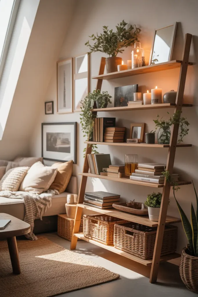 Small loft apartment corner with wooden ladder shelf leaning against wall, filled with books, small plants, woven baskets, candles, and framed art, warm neutral color palette, cozy sofa nearby with textured cushions, soft woven rug, natural sunlight from tall loft windows, layered textures and warm lighting, Pinterest style interior photography capturing relaxed tiny loft apartment styling.
